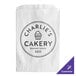 A white customizable gourmet bag with black text and a logo for Charlie's Bakery.