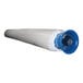 A long white and blue cylindrical fabric air duct with a blue handle.