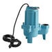 A blue Little Giant sewage pump with a black cord.