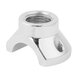 A chrome plated silver metal faucet clamp with a nut.