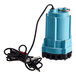 A blue Little Giant submersible effluent pump with a black cord.