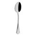 A close-up of an Abert Rada stainless steel soup spoon with a black handle.