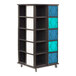 A black and white steel mobile t-shirt display merchandiser with 20 slots for shirts.