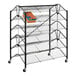 A black steel mobile double-sided folding shoe display rack with shoes on it.