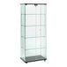 A black 4-shelf frameless glass tower display showcase with hinged glass doors.