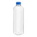 A clear plastic 32 oz. tall square juice bottle with a blue lid.