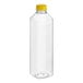 A clear plastic 32 oz. tall square juice bottle with a yellow cap.