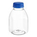 An 8 oz. clear Square Milkman PET juice bottle with a blue plastic cap.