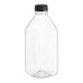 A 32 oz. clear PET plastic Square Milkman juice bottle with a black lid.