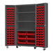 A large metal storage cabinet with red bins on the shelves.