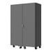 A Durham grey steel mobile storage cabinet with louvered panels on wheels.