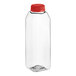 A clear plastic 16 oz. Tall Square rPET juice bottle with a red cap.