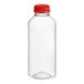 A clear plastic square juice bottle with a red cap.