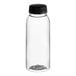 A clear plastic bottle with a black cap.