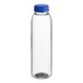 A clear bottle with a blue cap.