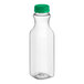 A clear plastic square carafe juice bottle with a green lid.