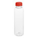 A clear plastic bottle with a red cap.