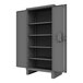 A grey metal Durham Mfg storage cabinet with open doors and shelves.