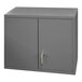 A gray metal wall mount cabinet with two doors and a silver handle.