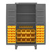 A metal Durham storage cabinet with yellow bins on shelves.