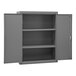 A gray metal shelf cabinet with two adjustable shelves and a flush door.