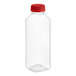 A clear plastic square juice bottle with a red lid.