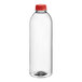 A clear round PET juice bottle with a red cap.