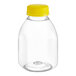 A clear plastic 8 oz. Square Milkman juice bottle with a yellow cap.