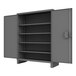 A grey Durham steel cabinet with open doors and shelves.