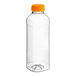 A clear plastic juice bottle with an orange lid.