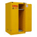 A yellow Durham Mfg steel safety cabinet with doors open.