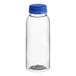 A clear plastic bottle with a blue cap.