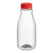 A 12 oz. clear plastic carafe juice bottle with a red plastic lid.
