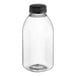 A clear plastic 12 oz. square rPET juice bottle with a black lid.