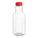 A clear plastic square carafe juice bottle with a red lid.