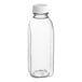 A 16 oz. clear Square Milkman PET juice bottle with a white lid.