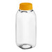 A clear plastic bottle with an orange lid.