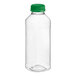 A clear plastic 14.5 oz. square juice bottle with a green lid.