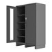 A grey metal Durham Mfg storage cabinet with a clear-view door open.