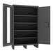 A black metal Durham storage cabinet with clear-view doors and shelves.