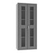 A gray metal locker with a lock and mesh doors.