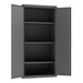A gray metal shelf cabinet with adjustable shelves and a flush door.