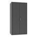 A gray metal shelf cabinet with lockable doors.