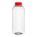 A clear plastic 16 oz. tall square juice bottle with a red cap.