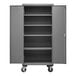 A gray metal cabinet with shelves.