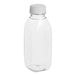A clear plastic Square Milkman juice bottle with a clear plastic lid.
