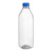 A 32 oz. clear PET square juice bottle with a blue lid.