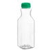 A clear plastic Square PET carafe juice bottle with a green lid.