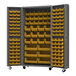 A large gray metal Durham storage cabinet with yellow bins on the shelves.