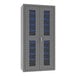 A grey steel Durham storage cabinet with blue and black mesh doors.